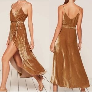 Reformation Anoush Velvet Gold Wrap Dress